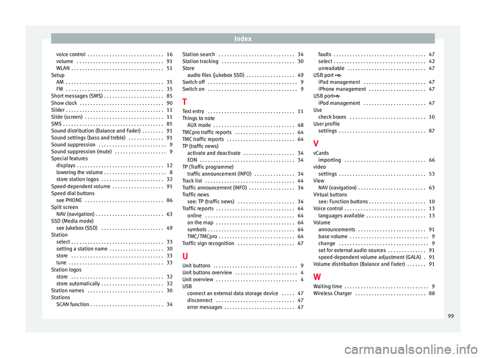 Seat Leon Sportstourer 2017  MEDIA SYSTEM PLUS - NAVI SYSTEM - NAVI SYSTEM PLUS Index
voice control  . . . . . . . . . . . . . . . . . . . . . . . . . . . . 16
v o
lume
 . . . . . . . . . . . . . . . . . . . . . . . . . . . . . . . . 91
WLAN  . . . . . . . . . . . . . . . . . . .