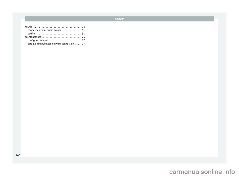 Seat Leon Sportstourer 2017  MEDIA SYSTEM PLUS - NAVI SYSTEM - NAVI SYSTEM PLUS Index
WLAN . . . . . . . . . . . . . . . . . . . . . . . . . . . . . . . . . . . . 26 connect
 e
xternal audio source  . . . . . . . . . . . . . 51
settings  . . . . . . . . . . . . . . . . . . . . . 