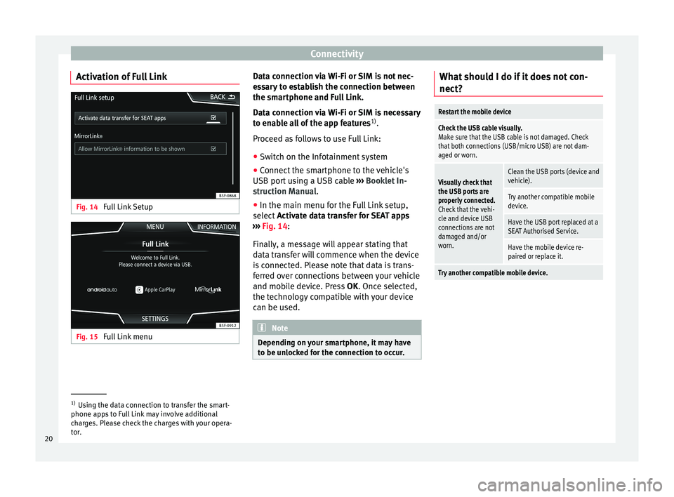 Seat Leon Sportstourer 2017 MEDIA SYSTEM PLUS - NAVI SYSTEM - NAVI SYSTEM PLUS Connectivity
Activation of Full Link Fig. 14
Full Link Setup Fig. 15
Full Link menu Data connection via Wi-Fi or SIM is not nec-
e
s
s
ary to establish the connection between
the smartphone and Full Seat Leon Sportstourer 2017 MEDIA SYSTEM PLUS - NAVI SYSTEM - NAVI SYSTEM PLUS Connectivity
Activation of Full Link Fig. 14
Full Link Setup Fig. 15
Full Link menu Data connection via Wi-Fi or SIM is not nec-
e
s
s
ary to establish the connection between
the smartphone and Full
