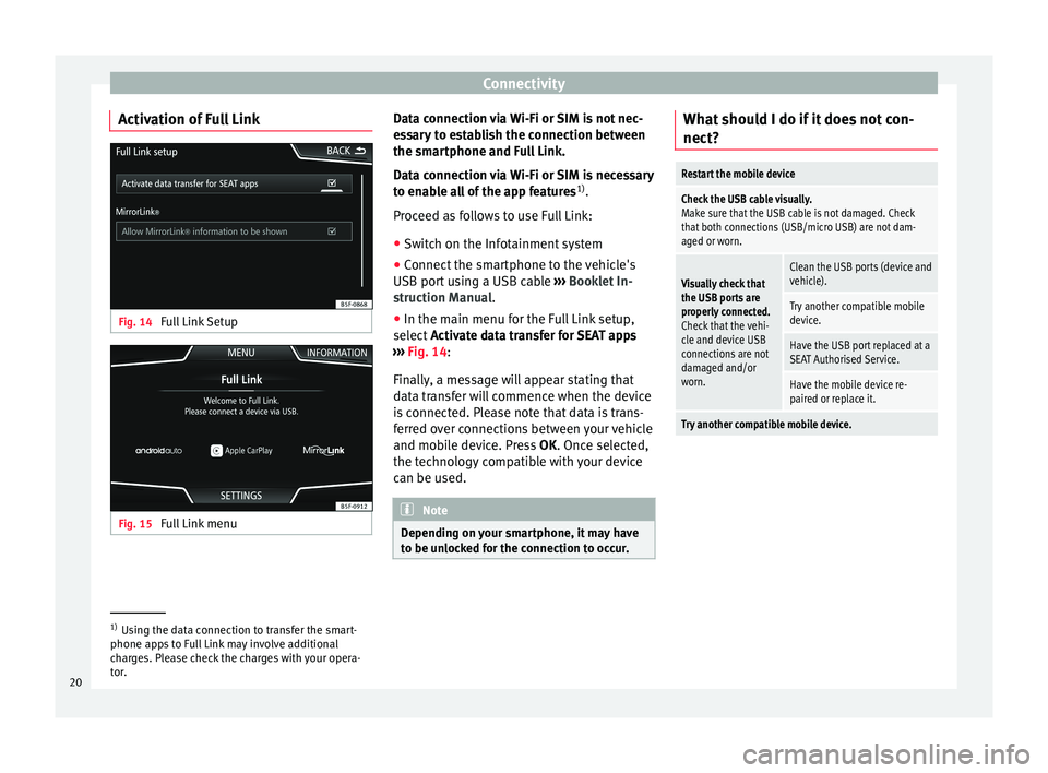 Seat Leon Sportstourer 2017  MEDIA SYSTEM PLUS - NAVI SYSTEM - NAVI SYSTEM PLUS Connectivity
Activation of Full Link Fig. 14 
Full Link Setup Fig. 15 
Full Link menu Data connection via Wi-Fi or SIM is not nec-
e
s
s
ary to establish the connection between
the smartphone and Full