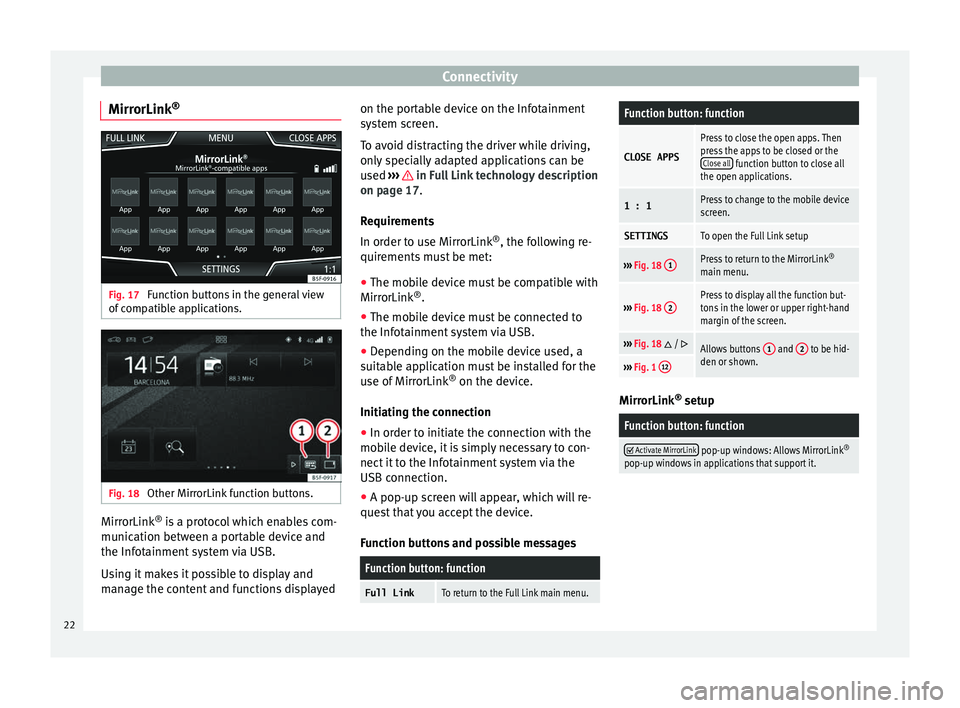 Seat Leon Sportstourer 2017 MEDIA SYSTEM PLUS - NAVI SYSTEM - NAVI SYSTEM PLUS Connectivity
MirrorLink ®Fig. 17
Function buttons in the general view
of c
omp
atible applications. Fig. 18
Other MirrorLink function buttons. MirrorLink
®
is
a pr
otocol which enables com-
mu Seat Leon Sportstourer 2017 MEDIA SYSTEM PLUS - NAVI SYSTEM - NAVI SYSTEM PLUS Connectivity
MirrorLink ®Fig. 17
Function buttons in the general view
of c
omp
atible applications. Fig. 18
Other MirrorLink function buttons. MirrorLink
®
is
a pr
otocol which enables com-
mu