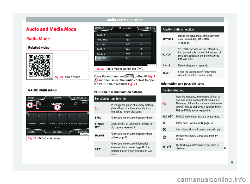 Seat Leon Sportstourer 2017 MEDIA SYSTEM PLUS - NAVI SYSTEM - NAVI SYSTEM PLUS Audio and Media Mode
Audio and Media Mode
R a
dio Mode
R
elated video Fig. 20
Radio mode RADIO main menu
Fig. 21
RADIO main menu. Fig. 22
Radio mode: station list (FM). Press the infotainment
MENU Seat Leon Sportstourer 2017 MEDIA SYSTEM PLUS - NAVI SYSTEM - NAVI SYSTEM PLUS Audio and Media Mode
Audio and Media Mode
R a
dio Mode
R
elated video Fig. 20
Radio mode RADIO main menu
Fig. 21
RADIO main menu. Fig. 22
Radio mode: station list (FM). Press the infotainment
MENU