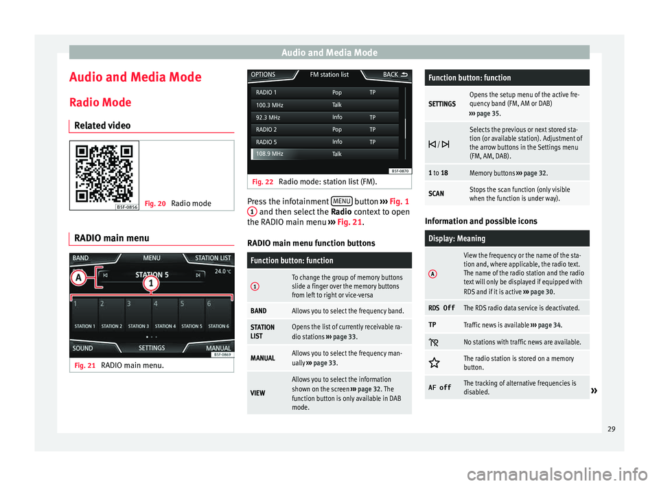 Seat Leon Sportstourer 2017  MEDIA SYSTEM PLUS - NAVI SYSTEM - NAVI SYSTEM PLUS Audio and Media Mode
Audio and Media Mode
R a
dio Mode
R
elated video Fig. 20 
Radio mode RADIO main menu
Fig. 21 
RADIO main menu. Fig. 22 
Radio mode: station list (FM). Press the infotainment 
MENU