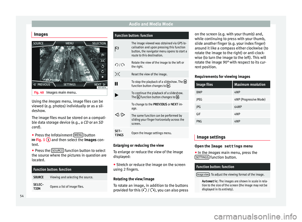 Seat Leon Sportstourer 2017  MEDIA SYSTEM PLUS - NAVI SYSTEM - NAVI SYSTEM PLUS Audio and Media Mode
Images Fig. 40 
Images main menu. Using the Ima
ge
s  menu, image files can be
viewed (e.g. photos) individually or as a sli-
deshow.
The image files must be stored on a compati-
