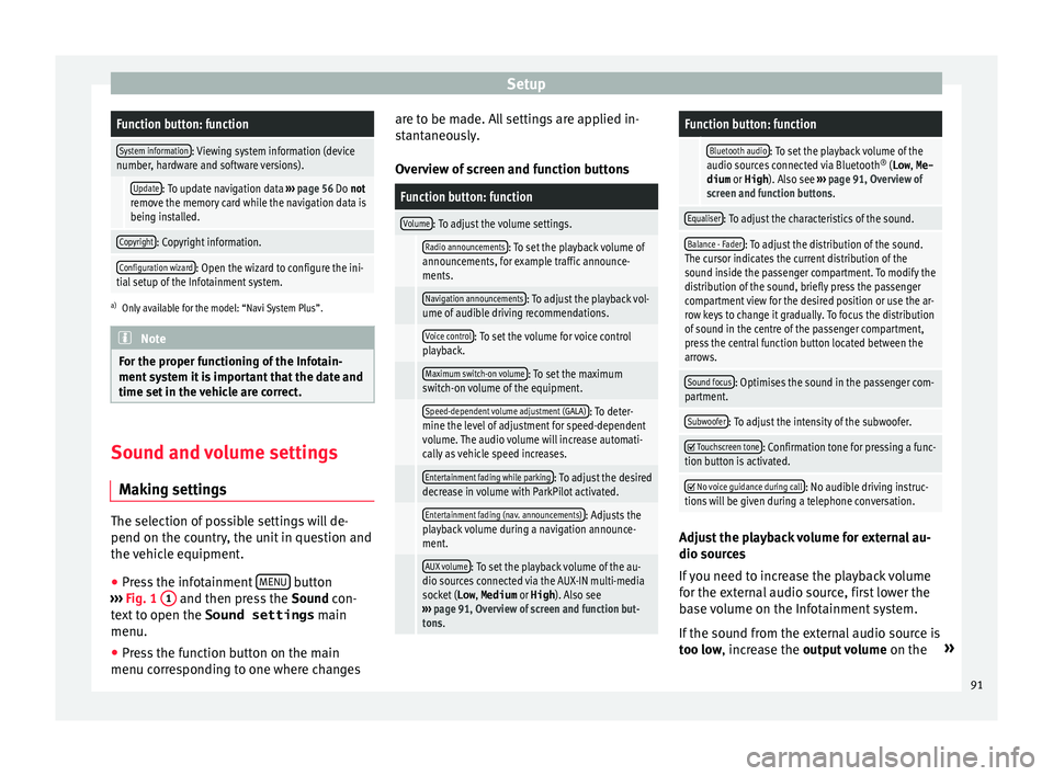 Seat Leon Sportstourer 2017  MEDIA SYSTEM PLUS - NAVI SYSTEM - NAVI SYSTEM PLUS SetupFunction button: function
System information: Viewing system information (device
number, hardware and software versions).
 Update: To update navigation data  ››› page 56 Do not
remove the m