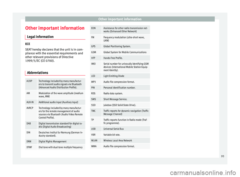 Seat Leon Sportstourer 2017  MEDIA SYSTEM PLUS - NAVI SYSTEM - NAVI SYSTEM PLUS Other important information
Other important information Le
g
al information ECE
SEA
T her

eby declares that the unit is in com-
pliance with the essential requirements and
other relevant provisions o