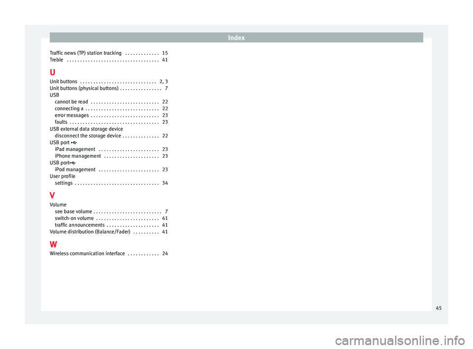 Seat Leon Sportstourer 2017  MEDIA SYSTEM TOUCH - COLOUR Index
Traffic news (TP) station tracking  . . . . . . . . . . . . . 15
T r
e
ble  . . . . . . . . . . . . . . . . . . . . . . . . . . . . . . . . . . . 41
U Unit buttons  . . . . . . . . . . . . . . .