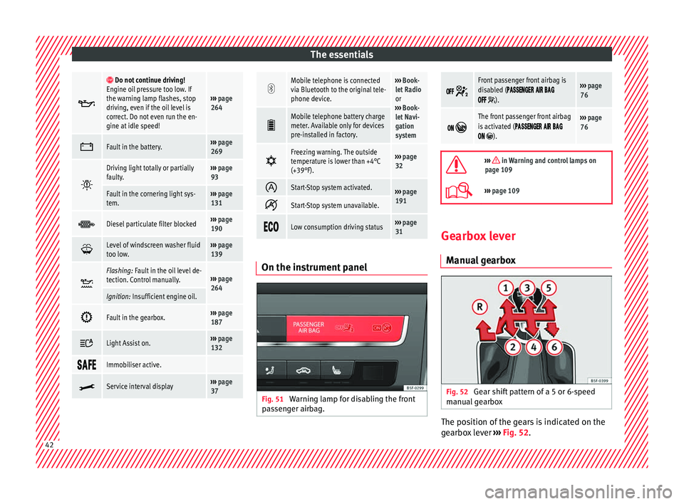 Seat Leon 5D 2016  Owners manual The essentials
  Do not continue driving!
Engine oil pressure too low. If
the warning lamp flashes, stop
driving, even if the oil level is
correct. Do not even run the en-
gine at idle speed!
�