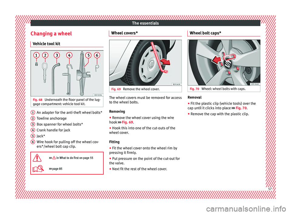 Seat Leon 5D 2016 Workshop Manual The essentials
Changing a wheel V ehic
l
e tool kit Fig. 68
Underneath the floor panel of the lug-
g ag
e c
ompartment: vehicle tool kit. An adapter for the anti-theft wheel bolts*
T
o
wline anc
ho Seat Leon 5D 2016 Workshop Manual The essentials
Changing a wheel V ehic
l
e tool kit Fig. 68
Underneath the floor panel of the lug-
g ag
e c
ompartment: vehicle tool kit. An adapter for the anti-theft wheel bolts*
T
o
wline anc
ho