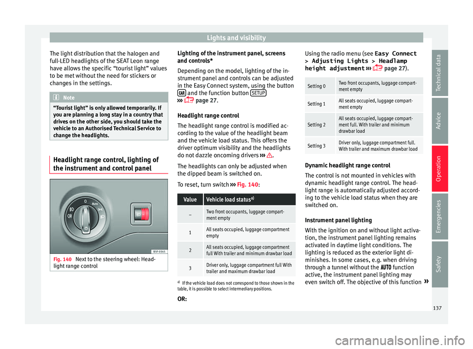 Seat Leon 5D 2016  Owners manual Lights and visibility
The light distribution that the halogen and
f u
l
l-LED headlights of the SEAT Leon range
have allows the specific “tourist light” values
to be met without the need for stick