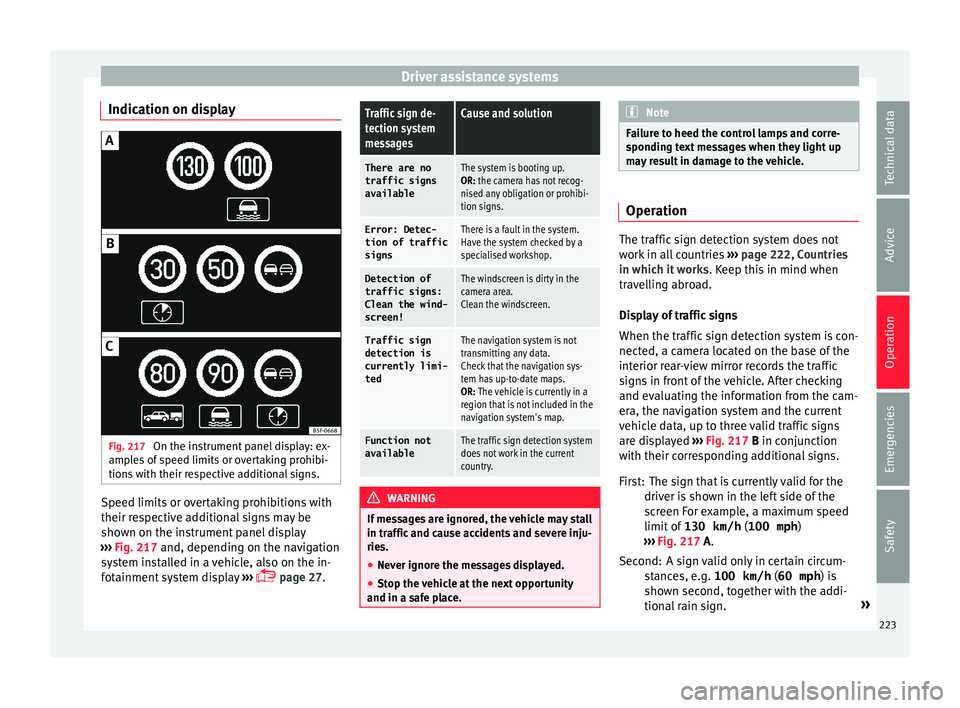 Seat Leon Sportstourer 2016  Owners manual Driver assistance systems
Indication on display Fig. 217 
On the instrument panel display: ex-
amp l
e
s of speed limits or overtaking prohibi-
tions with their respective additional signs. Speed limi