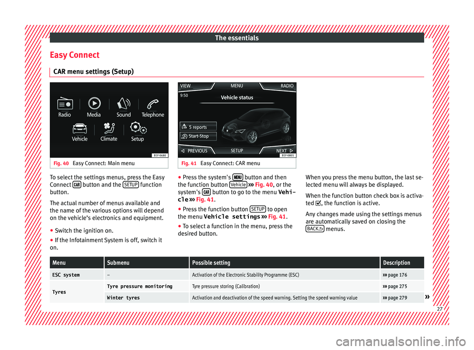 Seat Leon Sportstourer 2016 Owners Guide The essentials
Easy Connect CAR menu settin g
s
(Setup)Fig. 40
Easy Connect: Main menu Fig. 41
Easy Connect: CAR menu To select the settings menus, press the Easy
C
onnect
button and Seat Leon Sportstourer 2016 Owners Guide The essentials
Easy Connect CAR menu settin g
s
(Setup)Fig. 40
Easy Connect: Main menu Fig. 41
Easy Connect: CAR menu To select the settings menus, press the Easy
C
onnect
button and