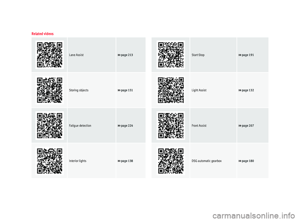 Seat Leon Sportstourer 2016  Owners manual Related videos
  
 
 
 
 
 
 
Lane Assist›››  page 213
 
 
 
 
 
 
 
 
 
Start-Stop››› page 191
 
 
 
 
 
 
 
 
Storing objects››› page 151  
 
 
 
 
 
 
 
 
Light Assist››› pa