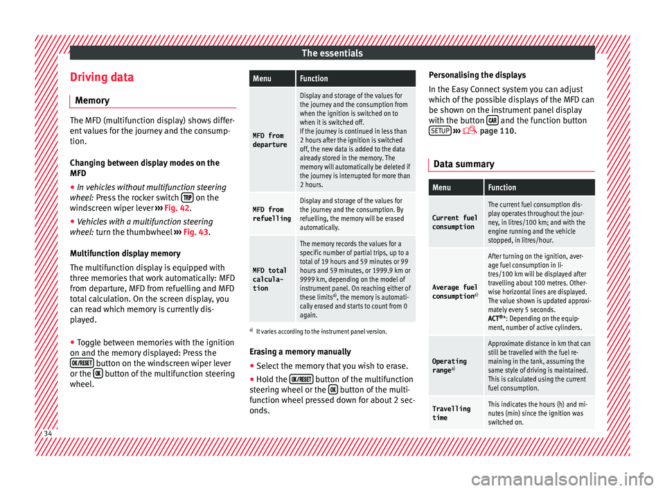 Seat Leon Sportstourer 2016  Owners manual The essentials
Driving data M emor
y The MFD (multifunction display) shows differ-
ent 
v
alues for the journey and the consump-
tion.
Changing between display modes on the
MFD
● In vehicles without