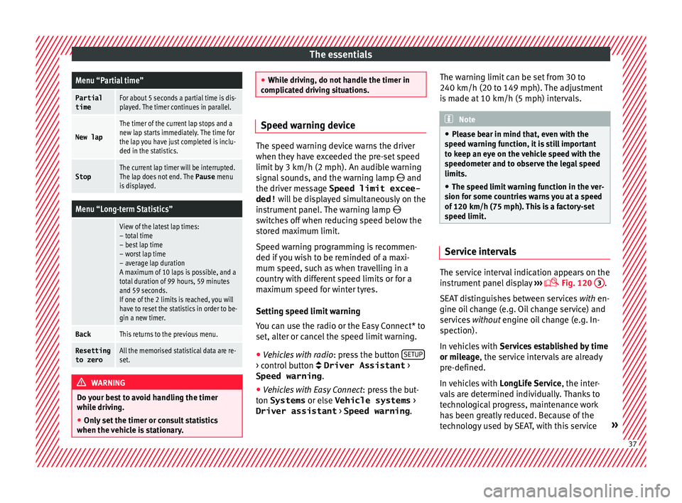 Seat Leon Sportstourer 2016  Owners manual The essentialsMenu “Partial time”
Partial
timeFor about 5 seconds a partial time is dis-
played. The timer continues in parallel.
New lap
The timer of the current lap stops and a
new lap starts im