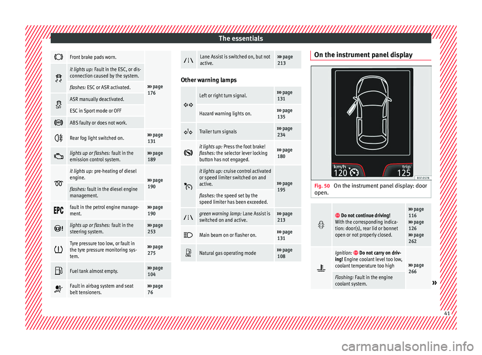 Seat Leon Sportstourer 2016 Owners manual The essentials
Front brake pads worn.
›››
page
176
it lights up:
Fault in the ESC, or dis-
connection caused by the system.
flashes: ESC or ASR activated.
ASR manually deactivated. Seat Leon Sportstourer 2016 Owners manual The essentials
Front brake pads worn.
›››
page
176
it lights up:
Fault in the ESC, or dis-
connection caused by the system.
flashes: ESC or ASR activated.
ASR manually deactivated.