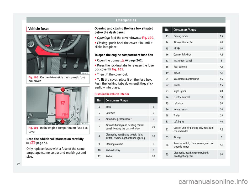 Seat Leon Sportstourer 2016 Owners Manual Emergencies
Vehicle fuses Fig. 100
On the driver-side dash panel: fuse
bo x
c
over Fig. 101
In the engine compartment: fuse box
c o
v
er Read the additional information carefully
› ›
›
Seat Leon Sportstourer 2016 Owners Manual Emergencies
Vehicle fuses Fig. 100
On the driver-side dash panel: fuse
bo x
c
over Fig. 101
In the engine compartment: fuse box
c o
v
er Read the additional information carefully
› ›
›

