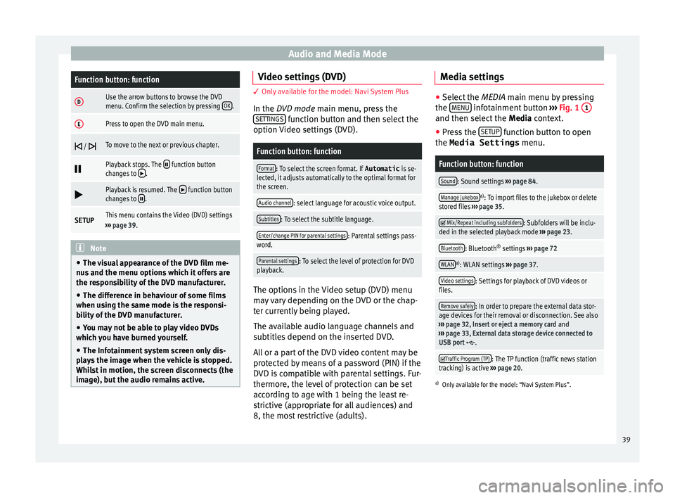 Seat Leon Sportstourer 2016  MEDIA SYSTEM PLUS - NAVI SYSTEM - NAVI SYSTEM PLUS Audio and Media ModeFunction button: function
DUse the arrow buttons to browse the DVD
menu. Confirm the selection by pressing 
OK.
EPress to open the DVD main menu.
 / To move to the next or pr