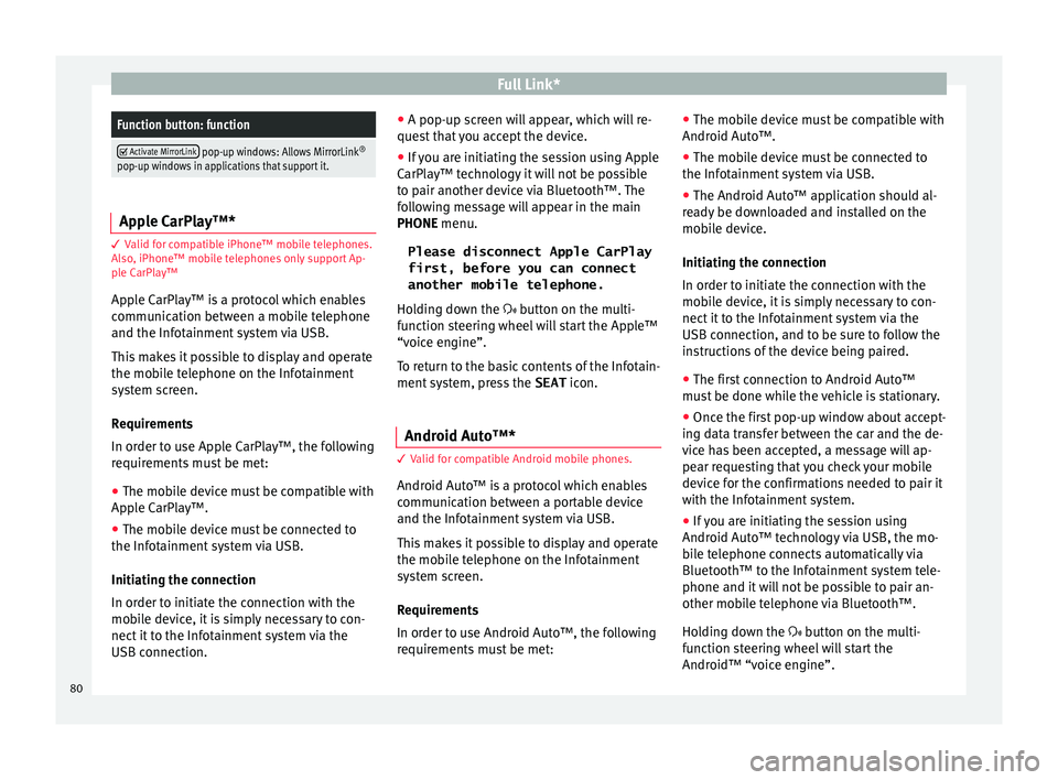 Seat Leon Sportstourer 2016  MEDIA SYSTEM PLUS - NAVI SYSTEM - NAVI SYSTEM PLUS Full Link*Function button: function

 Activate MirrorLink pop-up windows: Allows MirrorLink
®
pop-up windows in applications that support it. Apple CarPlay™*
3 Valid for compatible iPhone™ mob