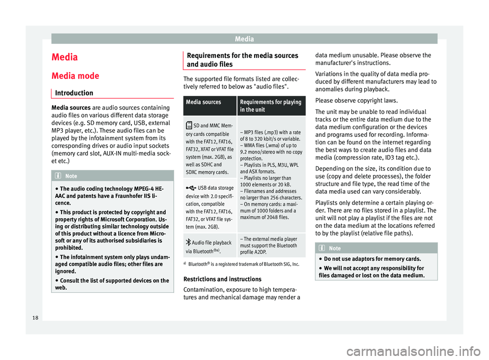 Seat Leon Sportstourer 2016  MEDIA SYSTEM TOUCH - COLOUR Media
Media
M edi
a mode
Introduction Media sources ar
e audio sour
 ces containing
audio files on various different data storage
devices (e.g. SD memory card, USB, external
MP3 player, etc.). These a