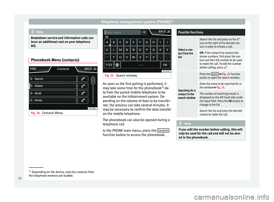 Seat Leon Sportstourer 2016  MEDIA SYSTEM TOUCH - COLOUR Telephone management system (PHONE)*
Note
Breakdown service and information calls can
inc ur an a
dditional cost on your telephone
bill. Phonebook Menu (contacts)
Fig. 24 
Contacts Menu. Fig. 25 
Sear