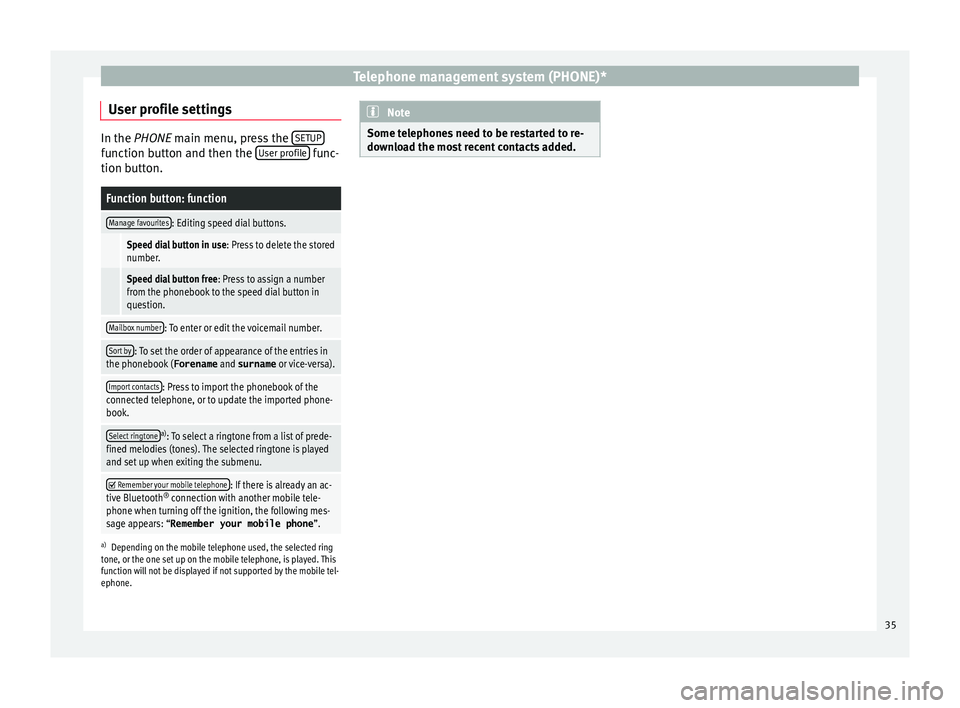 Seat Leon Sportstourer 2016  MEDIA SYSTEM TOUCH - COLOUR Telephone management system (PHONE)*
User profile settings In the PHONE m
ain menu, pr ess the SETUP function button and then the 
U
ser pr ofile  func-
tion b utt
on.
Function button: function
Manage