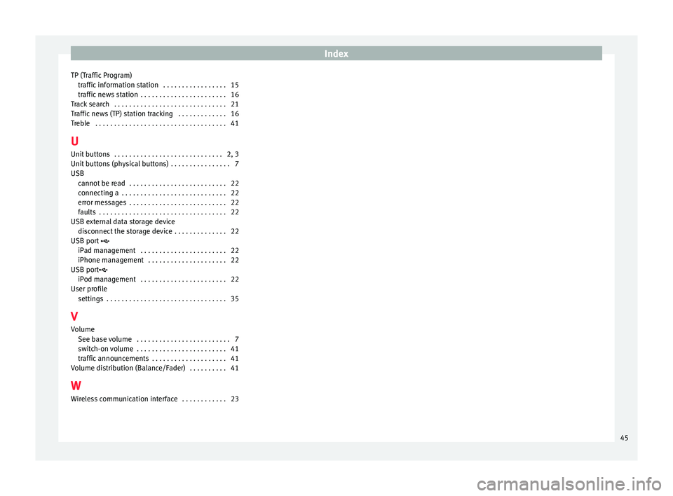 Seat Leon Sportstourer 2016  MEDIA SYSTEM TOUCH - COLOUR Index
TP (Traffic Program) traffic
 information station  . . . . . . . . . . . . . . . . . 15
traffic news station  . . . . . . . . . . . . . . . . . . . . . . . 16
Track search  . . . . . . . . . . .