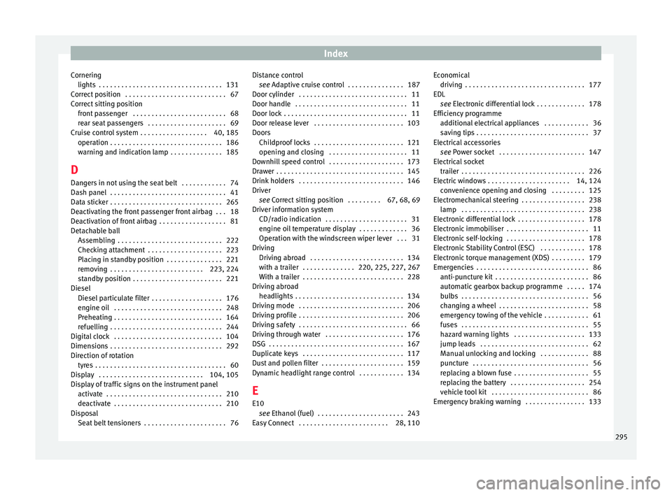 Seat Leon 5D 2015  Owners manual Index
Cornering lights  . . . . . . . . . . . . . . . . . . . . . . . . . . . . . . . . .
131
C orr
ect position  . . . . . . . . . . . . . . . . . . . . . . . . . . . 67
Correct sitting position fron