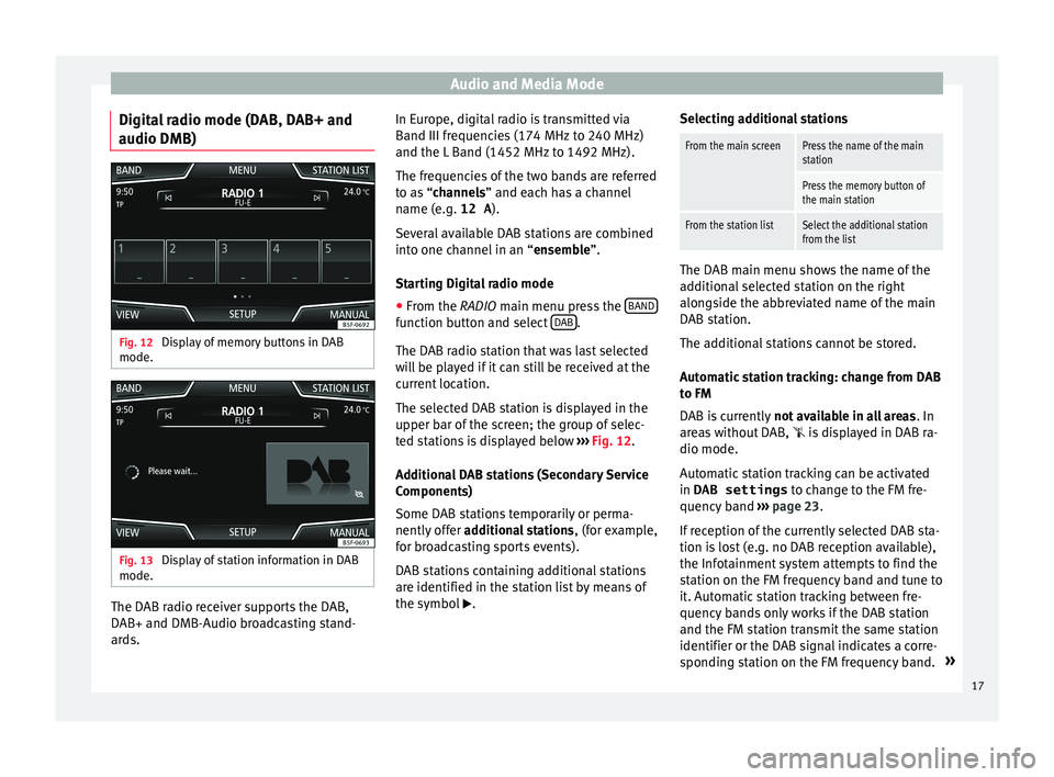 Seat Leon 5D 2015  NAVI SYSTEM PLUS Audio and Media Mode
Digital radio mode (DAB, DAB+ and
audio DMB) Fig. 12 
Display of memory buttons in DAB
mode. Fig. 13 
Display of station information in DAB
mode. The DAB radio receiver supports t