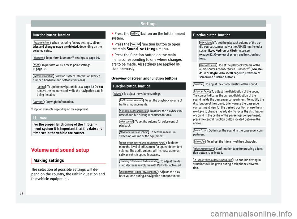 Seat Leon 5D 2015  NAVI SYSTEM PLUS SettingsFunction button: function
Factory settings: When restoring factory settings, all 
en-
tries and changes made  are deleted, depending on the
selected setup.
Bluetooth: To perform Bluetooth ®
 