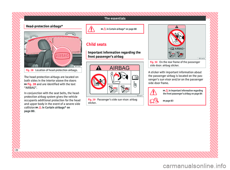 Seat Leon SC 2015 Owners Guide The essentials
Head-protection airbags* Fig. 28 
Location of head-protection airbags. The head-protection airbags are located on
both s
ide
s
 in the interior above the doors
›››  Fig. 28 and ar