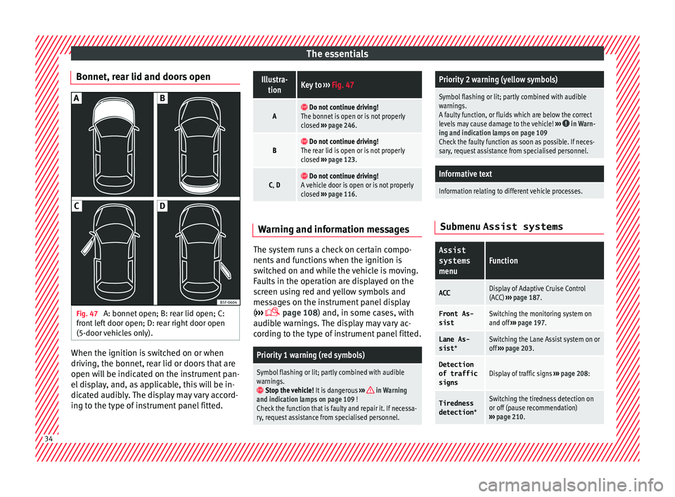 Seat Leon SC 2015 Owners manual The essentials
Bonnet, rear lid and doors open Fig. 47
A: bonnet open; B: rear lid open; C:
fr ont
l
eft door open; D: rear right door open
(5-door vehicles only). When the ignition is switched on o Seat Leon SC 2015 Owners manual The essentials
Bonnet, rear lid and doors open Fig. 47
A: bonnet open; B: rear lid open; C:
fr ont
l
eft door open; D: rear right door open
(5-door vehicles only). When the ignition is switched on o
