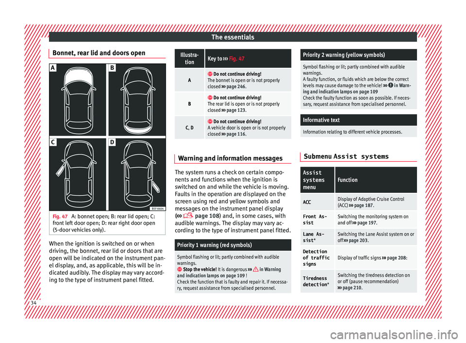 Seat Leon SC 2015  Owners manual The essentials
Bonnet, rear lid and doors open Fig. 47 
A: bonnet open; B: rear lid open; C:
fr ont
 l
eft door open; D: rear right door open
(5-door vehicles only). When the ignition is switched on o