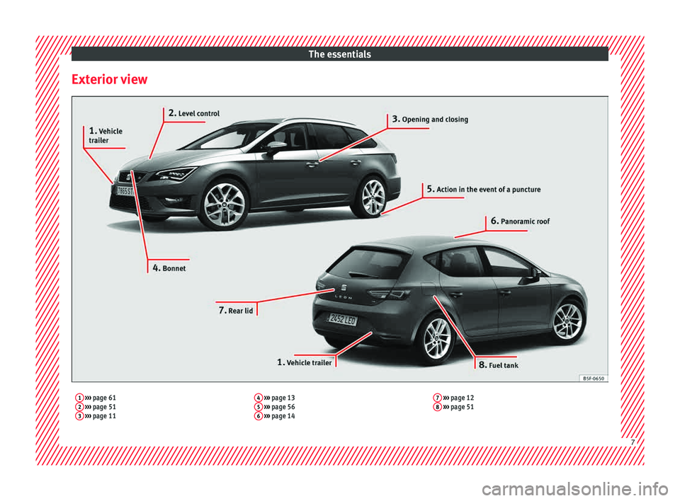 Seat Leon SC 2015 Owners manual The essentials
Exterior view1 ››› page 61
2 ››› page 51
3 ››› page 11 4
››› page 13
5 ››› page 56
6 ››› page 14 7
››› page 12
8 ››› pa Seat Leon SC 2015 Owners manual The essentials
Exterior view1 ››› page 61
2 ››› page 51
3 ››› page 11 4
››› page 13
5 ››› page 56
6 ››› page 14 7
››› page 12
8 ››› pa
