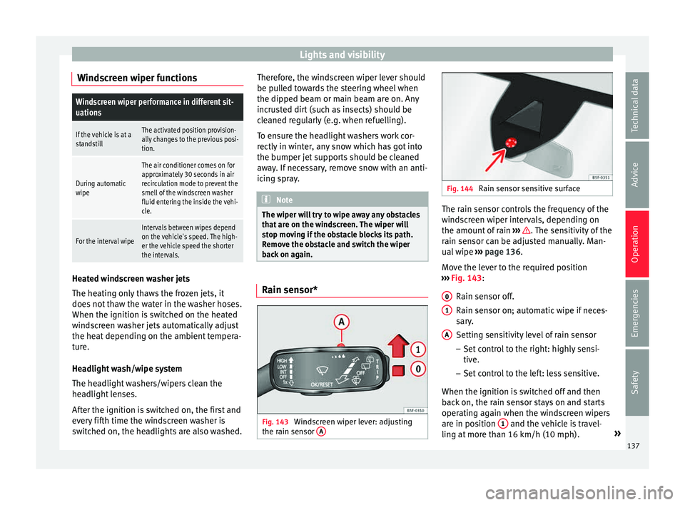 Seat Leon Sportstourer 2015 Owners manual Lights and visibility
Windscreen wiper functionsWindscreen wiper performance in different sit-
uations
If the vehicle is at a
standstillThe activated position provision-
ally changes to the previous p Seat Leon Sportstourer 2015 Owners manual Lights and visibility
Windscreen wiper functionsWindscreen wiper performance in different sit-
uations
If the vehicle is at a
standstillThe activated position provision-
ally changes to the previous p