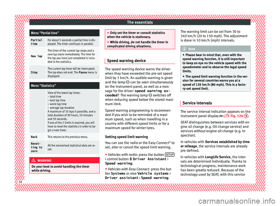 Seat Leon Sportstourer 2015  Owners manual The essentialsMenu “Partial time”
Partial
timeFor about 5 seconds a partial time is dis-
played. The timer continues in parallel.
New lap
The timer of the current lap stops and a
new lap starts im