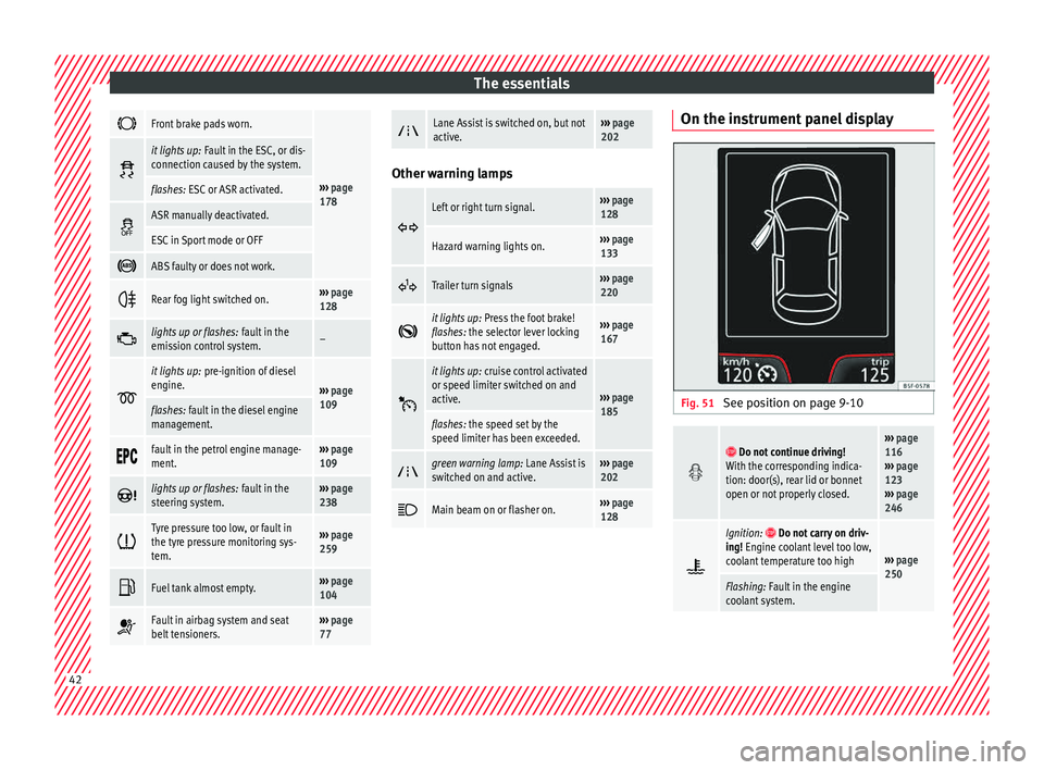Seat Leon Sportstourer 2015 Service Manual The essentials
Front brake pads worn.
››› 
page 
178 
it lights up:
 Fault in the ESC, or dis-
connection caused by the system.
flashes: ESC or ASR activated. 
ASR manually deactivated.