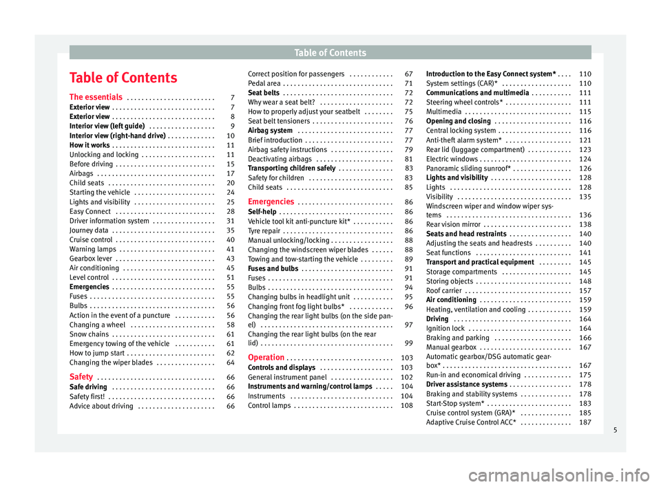 Seat Leon Sportstourer 2015 Owners manual Table of Contents
Table of Contents
The e s
senti
als . . . . . . . . . . . . . . . . . . . . . . . . 7
Exterior view . . . . . . . . . . . . . . . . . . . . . . . . . . . . 7
Exterior view . . . . Seat Leon Sportstourer 2015 Owners manual Table of Contents
Table of Contents
The e s
senti
als . . . . . . . . . . . . . . . . . . . . . . . . 7
Exterior view . . . . . . . . . . . . . . . . . . . . . . . . . . . . 7
Exterior view . . . .