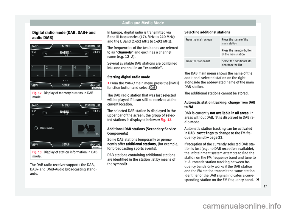 Seat Leon Sportstourer 2015  MEDIA SYSTEM PLUS - NAVI SYSTEM Audio and Media Mode
Digital radio mode (DAB, DAB+ and
audio DMB) Fig. 12 
Display of memory buttons in DAB
mode. Fig. 13 
Display of station information in DAB
mode. The DAB radio receiver supports t