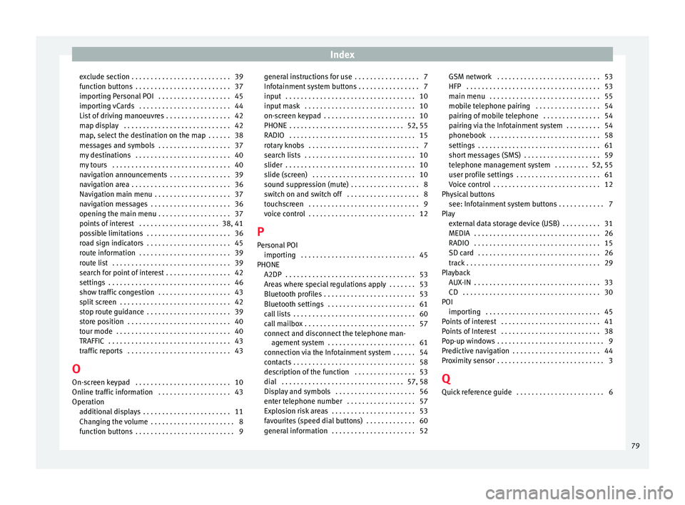 Seat Leon Sportstourer 2015  MEDIA SYSTEM PLUS - NAVI SYSTEM Index
exclude section . . . . . . . . . . . . . . . . . . . . . . . . . . 39
f u
nction b
uttons  . . . . . . . . . . . . . . . . . . . . . . . . . 37
importing Personal POI  . . . . . . . . . . . . .