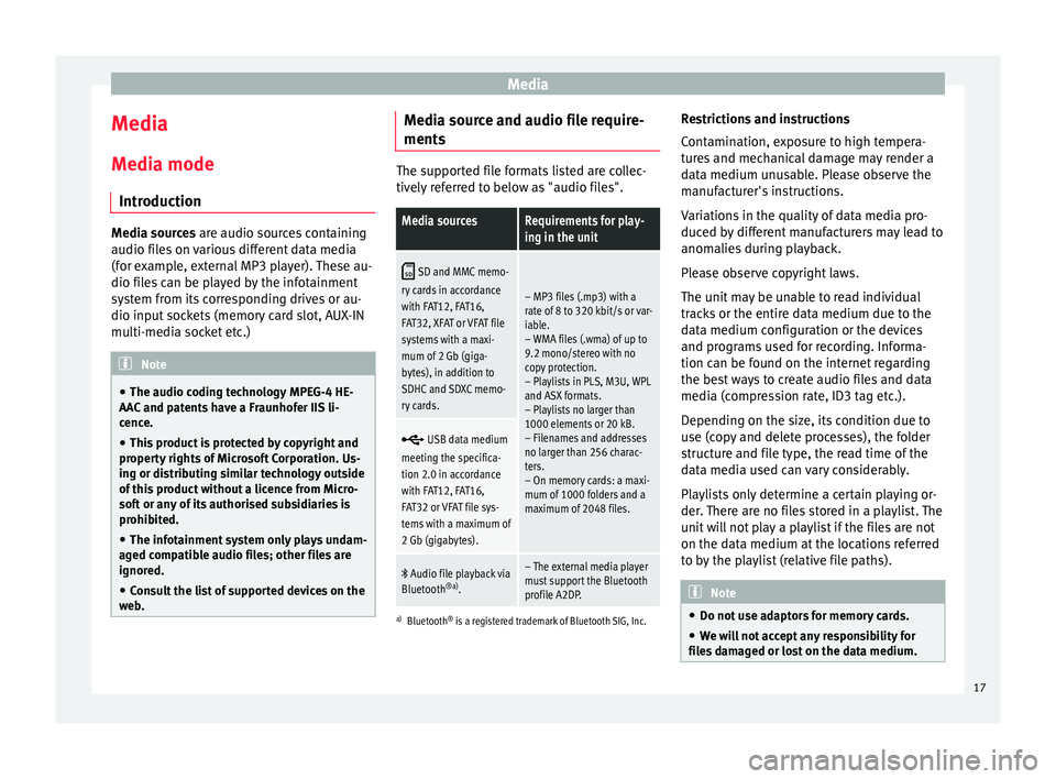 Seat Leon Sportstourer 2015  MEDIA SYSTEM TOUCH - COLOUR Media
Media
M edi
a mode
Intr
oduction Media sources are audio sour
c
 es containing
audio files on various different data media
(for example, external MP3 player). These au-
dio files can be played b