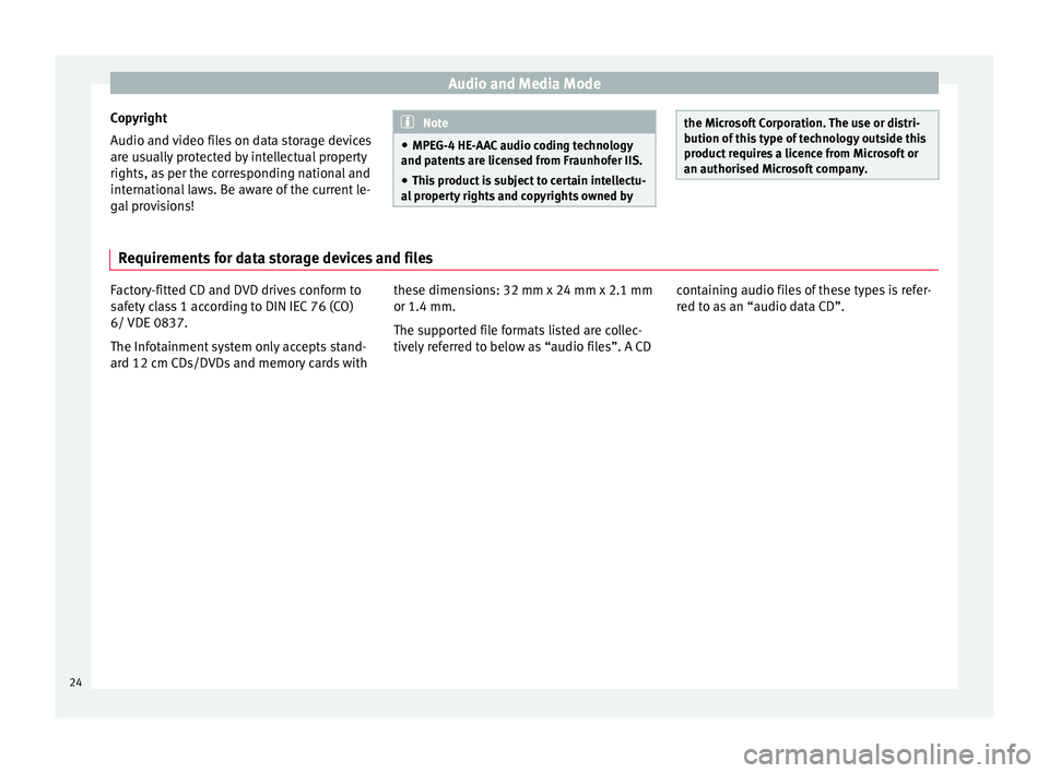 Seat Leon Sportstourer 2015  NAVI SYSTEM PLUS Audio and Media Mode
Copyright
Audio and  v
ideo fi
les on data storage devices
are usually protected by intellectual property
rights, as per the corresponding national and
international laws. Be awar