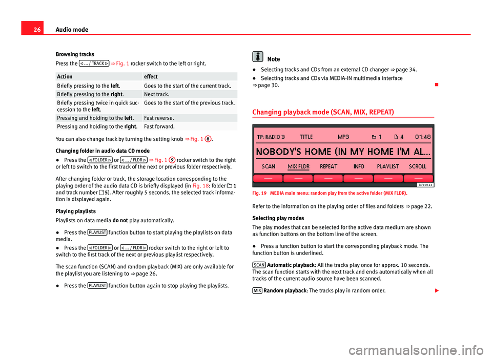 Seat Leon 5D 2014  SOUND SYSTEM 2.0 26Audio mode
Browsing tracks
Press the   ... / TRACK 
 ⇒ Fig. 1 rocker switch to the left or right.
ActioneffectBriefly pressing to the 
left.Goes to the start of the current track.Briefly p