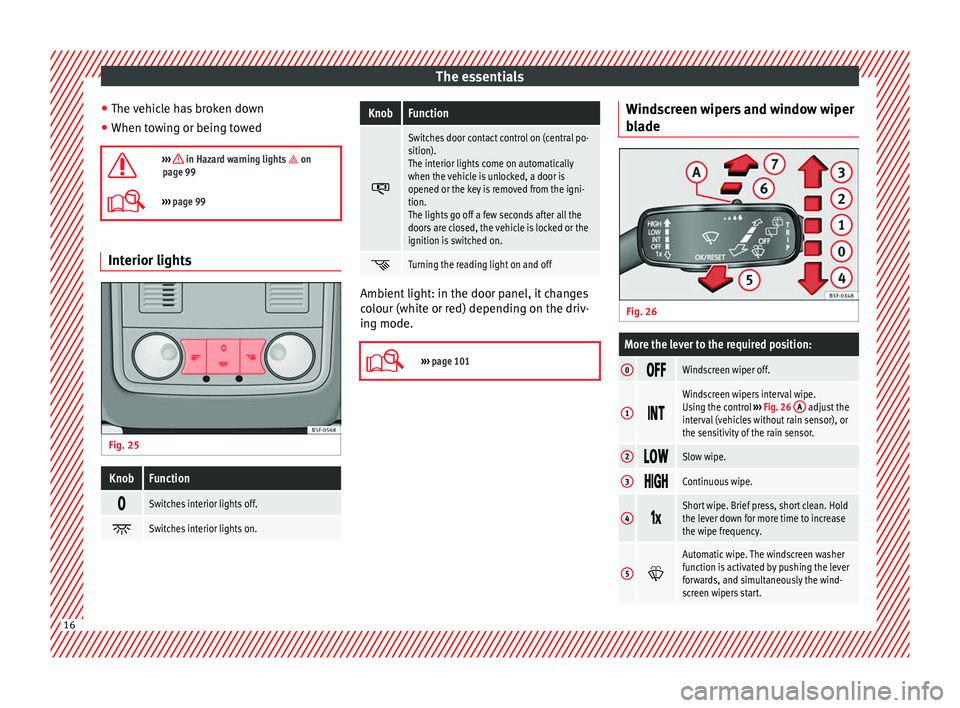 Seat Leon SC 2014  Owners manual The essentials
● The vehicle has broken down
● When towing or being towed
›››  in Hazard warning lights  on
page 99
›››  page 99 Interior lights
Fig. 25 
 
KnobFunction 
Sw