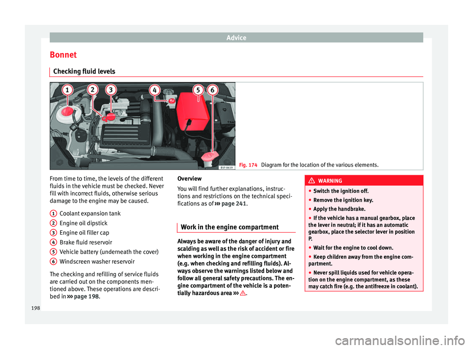 Seat Leon SC 2014  Owners manual Advice
Bonnet Checking fluid levels Fig. 174 
Diagram for the location of the various elements. From time to time, the levels of the different
fluids in the vehicle must be checked. Never
fill with in