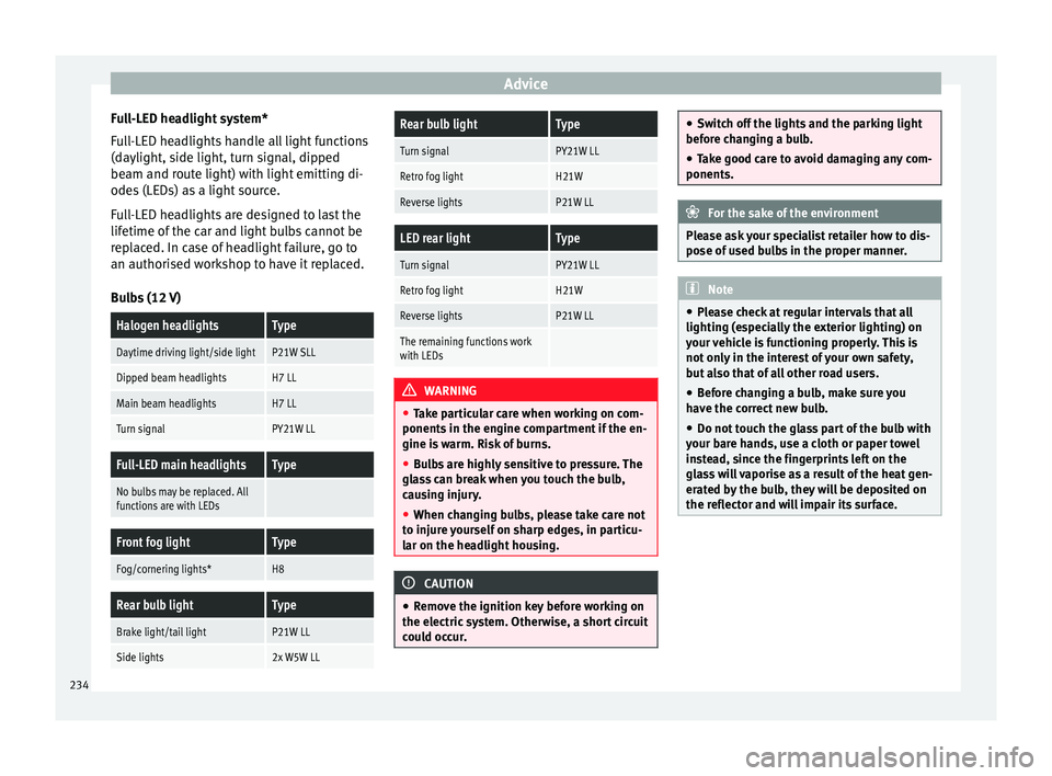 Seat Leon SC 2014 Owners manual Advice
Full-LED headlight system*
Full-LED headlights handle all light functions
(daylight, side light, turn signal, dipped
beam and route light) with light emitting di-
odes (LEDs) as a light source. Seat Leon SC 2014 Owners manual Advice
Full-LED headlight system*
Full-LED headlights handle all light functions
(daylight, side light, turn signal, dipped
beam and route light) with light emitting di-
odes (LEDs) as a light source.