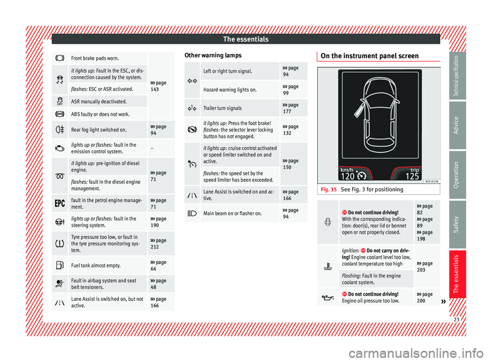 Seat Leon SC 2014  Owners manual The essentials
Front brake pads worn.
››› 
page 
143 
it lights up:
 Fault in the ESC, or dis-
connection caused by the system.
flashes: ESC or ASR activated. 
ASR manually deactivated.