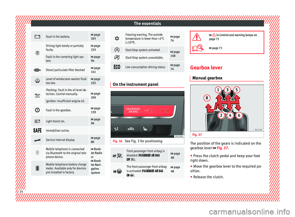 Seat Leon SC 2014 Owners Guide The essentials
Fault in the battery.››› 
page 
205 
Driving light totally or partially
faulty.››› 
page 
233
Fault in the cornering light sys-
tem.›››  page 
94 
Diesel part