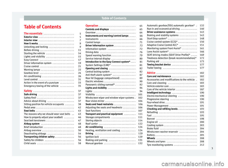 Seat Leon SC 2014  Owners manual Table of Contents
Table of Contents
The essentials  . . . . . . . . . . . . . . . . . . . . . . . . 5
Exterior view  . . . . . . . . . . . . . . . . . . . . . . . . . . . . 5
Interior view  . . . . . 