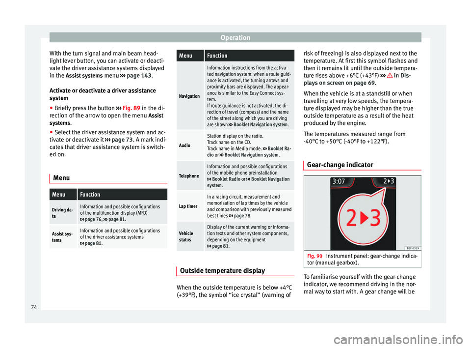 Seat Leon SC 2014 Owners manual Operation
With the turn signal and main beam head-
light lever button, you can activate or deacti-
vate the driver assistance systems displayed
in the Assist systems
menu ›
› › page 143.
Activ Seat Leon SC 2014 Owners manual Operation
With the turn signal and main beam head-
light lever button, you can activate or deacti-
vate the driver assistance systems displayed
in the Assist systems
menu ›
› › page 143.
Activ